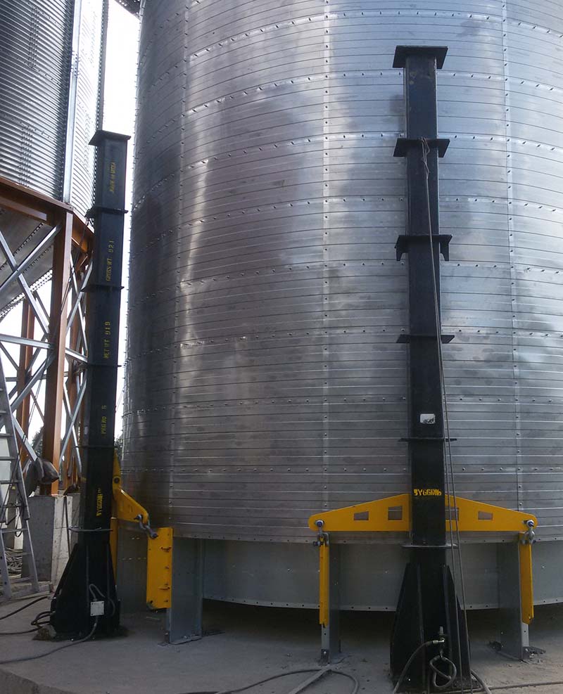PLC controlled synchronised lifting of grain dryers using hydraulic jacks, jacking up of grain dryers, jacks for dryers