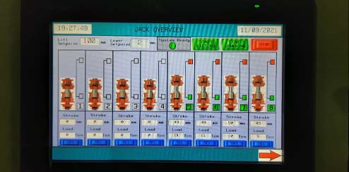 Interface showing a synchronised lift using 8 numbers multi-strand jacks, each of 50 ton capacity, PLC controlled strand jacks