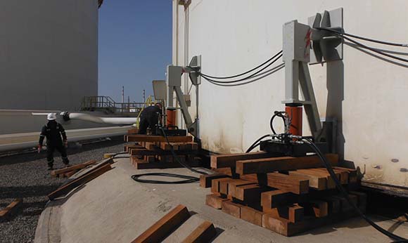 Tank lifted up at Tankstore Singapore using hydraulic self climbing jacks, hydraulic jacking system for tank repairs