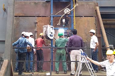 Welding PQR in progress using double side submerged arc automatic girth welding machine at Bygging Infrastructure's factory in Navi Mumbai, India