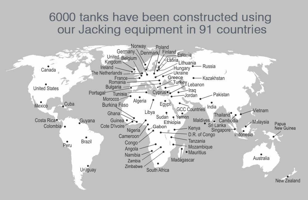 600 tanks have been constructed using our jacking equipment in a 91 countries
